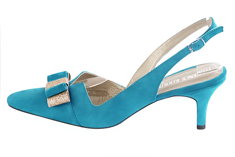 French elegance and refinement for these turquoise blue and gold dress slingback shoes, with a knot, 
                available in many subtle leather and colour combinations. The pretty French spirit of this beautiful pump 
will accompany your steps nicely and comfortably.
To be personalized or not, with your materials and colors.  
                Matching clutches for parties, ceremonies and weddings.   
                You can customize these shoes to perfectly match your tastes or needs, and have a unique model.  
                Choice of leathers, colours, knots and heels. 
                Wide range of materials and shades carefully chosen.  
                Rich collection of flat, low, mid and high heels.  
                Small and large shoe sizes - Florence KOOIJMAN